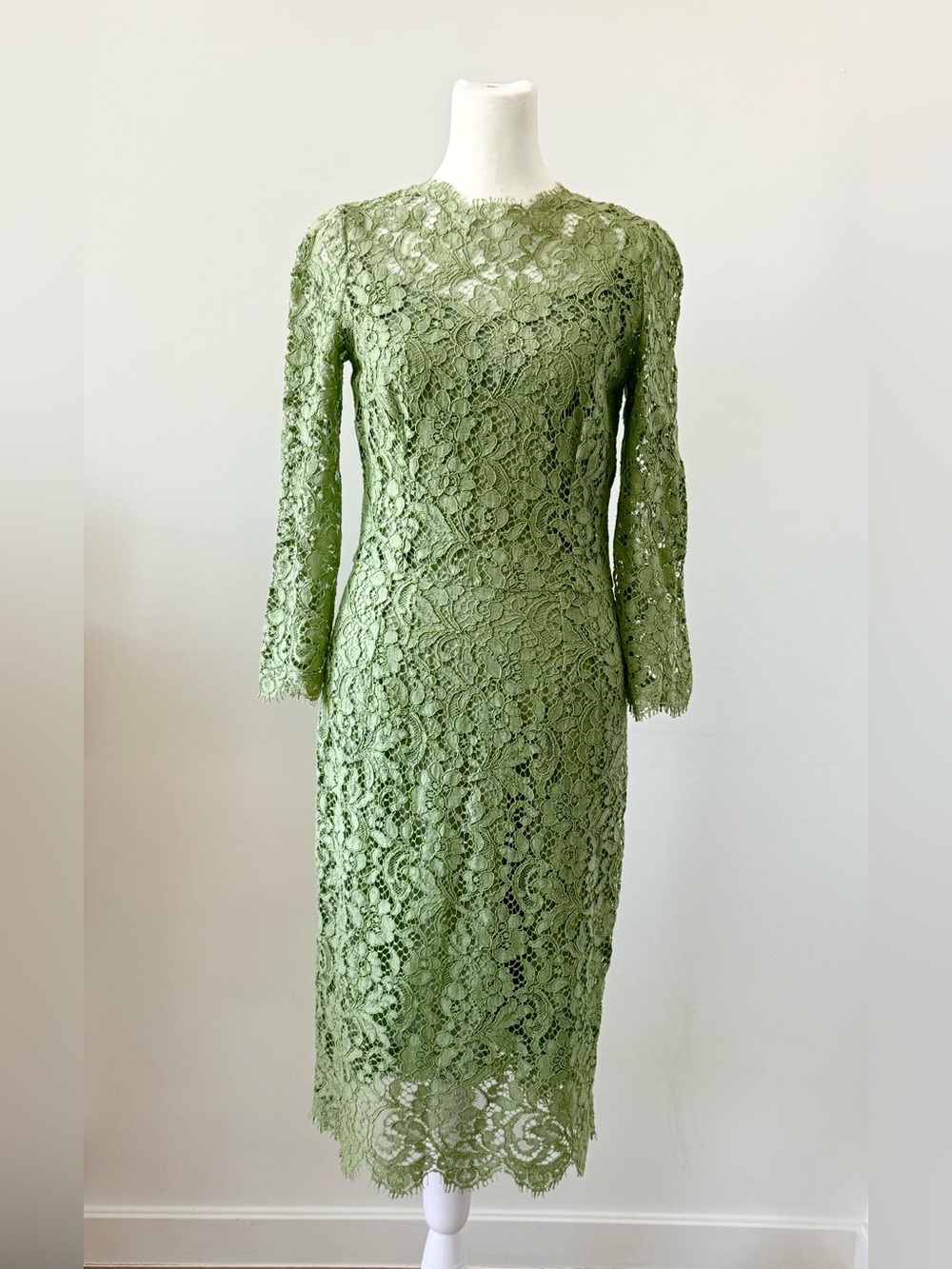 Dolce & Gabbana Sage Green Long Sleeve Lace Sheath Dress